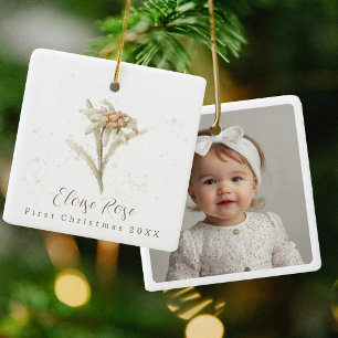Ornement En Céramique Photo Baby First Christmas Edelweiss Floral