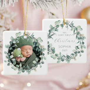 Ornement En Céramique Photo Baby First Christmas Eucalyptus Wreath