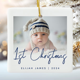 Ornement En Céramique Photo Baby's First Christmas Navy Script bleu