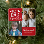 Ornement En Céramique Photo Best Papa Jamais<br><div class="desc">Photo Best Dad Ever Christmas tree Ornement avec deux photos de ses enfants et couleur accent rouge derrière le texte blanc. Grands cadeaux de Noël pour les papas et les pères.</div>