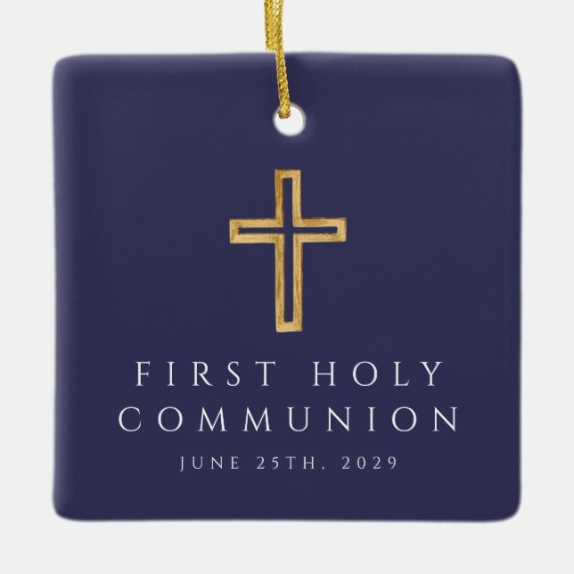 Ornement En Céramique Photo Boy Religieux Croix Bleue Première Communion (Devant)