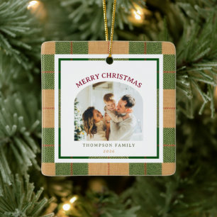 Ornement En Céramique Photo d'arche en vichy vert et beige de Noël