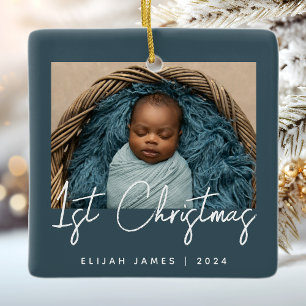 Ornement En Céramique Photo de bébé pour son premier Noël Bleu sarcelle