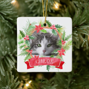 Ornement En Céramique Photo de chat Holly Wreath