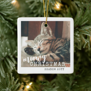Ornement En Céramique Photo de chat Meowry Joyeux Noël mignon blanc