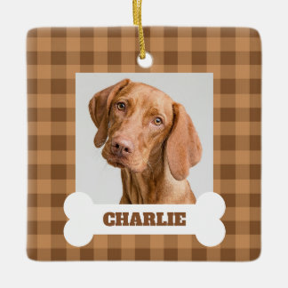 Ornement En Céramique Photo de chien marron à carreaux Gingham Nom de l'