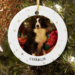 Ornement en céramique photo de chien personnalisé<br><div class="desc">Cet élégant ornement de Noël pour animaux de compagnie est décoré d'étoiles dorées. Facilement personnalisable avec la photo et le nom de votre animal.</div>