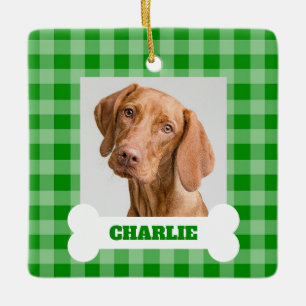 Ornement En Céramique Photo de chien personnalisé avec nom sur os blanc