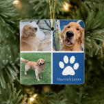 Ornement En Céramique Photo de chien personnalisé Collage animal de comp<br><div class="desc">Ce magnifique ornement de Noël avec un chiot est personnalisé avec d'adorables photos de votre chien de garçon doux. Customisez ce cadeau mignon avec vos propres photos de chiot personnalisées autour d'un carré bleu cool avec un empreinte de patte blanc mignon et le nom de votre chien au centre. Ajoutez...</div>