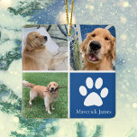 Ornement En Céramique Photo de chien personnalisé Collage animal de comp<br><div class="desc">Ce magnifique ornement de Noël avec un chiot est personnalisé avec d'adorables photos de votre chien de garçon doux. Customisez ce cadeau mignon avec vos propres photos de chiot personnalisées autour d'un carré bleu cool avec un empreinte de patte blanc mignon et le nom de votre chien au centre. Ajoutez...</div>
