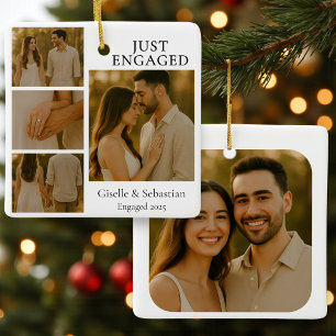 Ornement En Céramique Photo de couple juste fiancé Noël Engagement