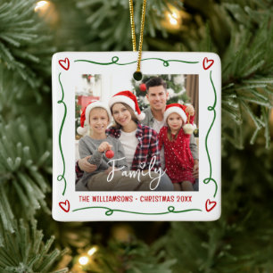 Ornement En Céramique Photo de famille de Noël Rouge Vert Dessin à la ma