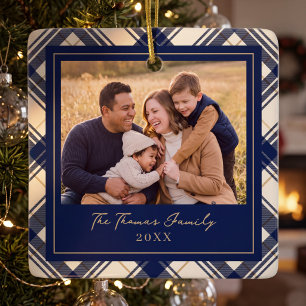 Ornement En Céramique Photo de famille Joyeux Noël à carreaux Navy