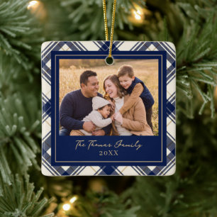 Ornement En Céramique Photo de famille Joyeux Noël à carreaux Navy