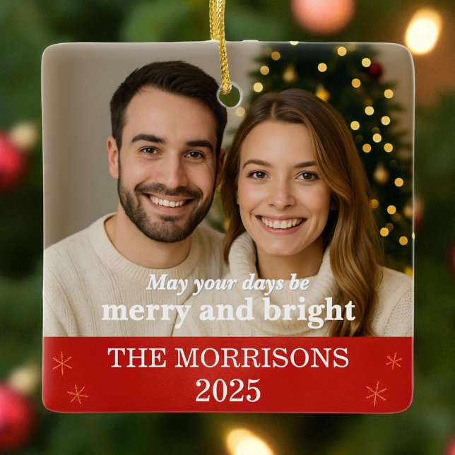 Ornement En Céramique Photo de famille moderne Red and Gold Snowflake (Créateur téléchargé)