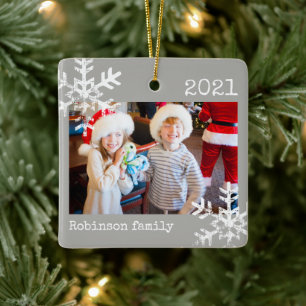 Ornement En Céramique Photo de famille Noël flocon de neige gris