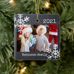 Ornement En Céramique Photo de famille Noël flocon de neige tableau noir