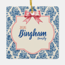 Photo de famille Noël Toile Bleue Ruban Rose