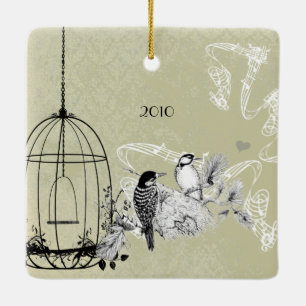 Ornement En Céramique Photo de famille Oiseaux Vintages et cage d'oiseau