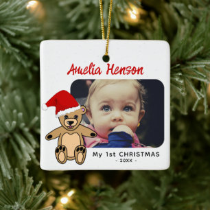 Ornement En Céramique Photo de l'ours en peluche de Noël de bébé avec un