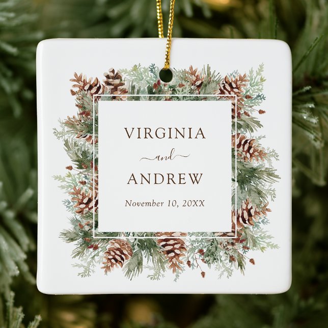 Ornement En Céramique Photo de mariage élégante (Elegant Forest Theme Wedding Photo Holiday Ceramic Ornament by Painted Paperie
)