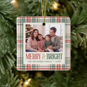 Ornement En Céramique Photo de Noël à carreaux Merry and Bright