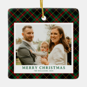 Ornement En Céramique Photo de Noël à carreaux tartan vert vintage