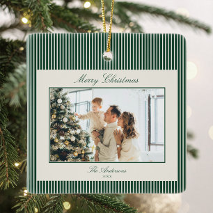 Ornement En Céramique Photo de Noël aux bandes vertes élégantes
