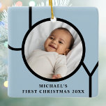 Ornement En Céramique Photo de Noël bleu pour bébé personnalisé<br><div class="desc">L'élégant vêtement photo de Noël de ce bébé garçon est décoré du mot JOY en noir sur un arrière - plan bleu. Facilement personnalisable avec votre photo,  nom et année.</div>