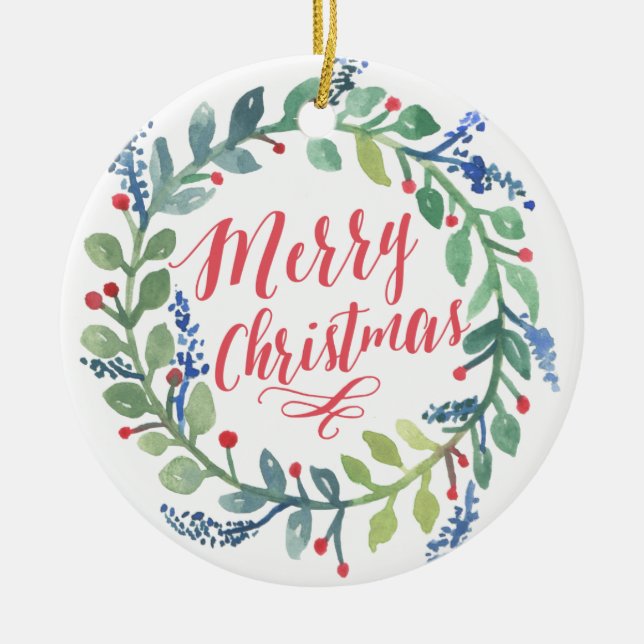 Ornement En Céramique Photo de Noël de guirlande d'aquarelle (Devant)