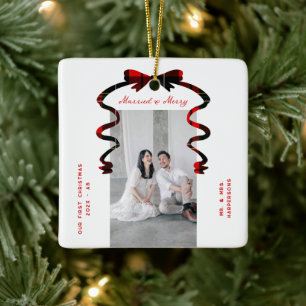 Ornement En Céramique Photo de Noël de nouveaux mariés avec un nœud Mari