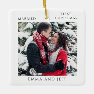 Ornement En Céramique Photo de Noël des premières vacances de mariage en