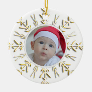 Ornement En Céramique Photo de Noël du bébé de flocon de neige d'or ?ère