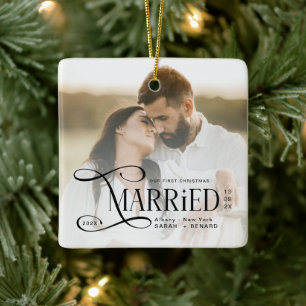Ornement En Céramique Photo de Noël minimal pour couples mariés pour leu