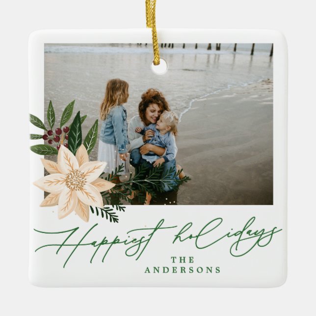 Ornement En Céramique photo de Noël moderne botanique joyeuses vacances (Devant)