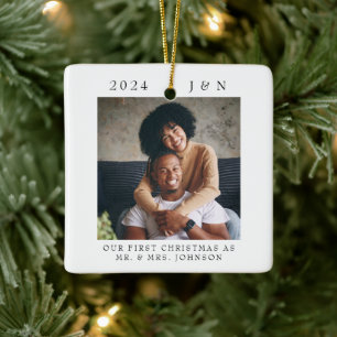 Ornement En Céramique Photo de Noël moderne de mariage