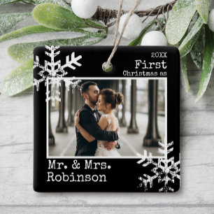 Ornement En Céramique Photo de Noël pour le premier mariage en noir