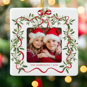 Ornement En Céramique Photo de Noël Red Wavy Frame Bow Green
