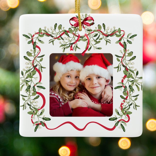 Ornement En Céramique Photo de Noël Red Wavy Frame Bow Green (Créateur téléchargé)