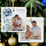 Ornement En Céramique Photo du Fiançailles Carré Engagé et brillant 2<br><div class="desc">Un ornement photo engagé et lumineux - parfait pour un cadeau fiançailles ou des couples engagés pour les premiers noël! Le design présente des ornements bleus en bauble avec un feuillage d'hiver délicat pour encadrer votre photo et est élégamment lettré avec Engaged et Bright. L'autre côté de l'ornement a une...</div>