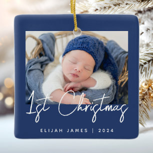 Ornement En Céramique Photo du premier Noël de bébé bleu marine blanc