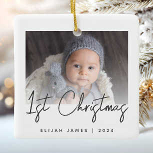 Ornement En Céramique Photo du premier Noël de bébé, écriture grise sur 