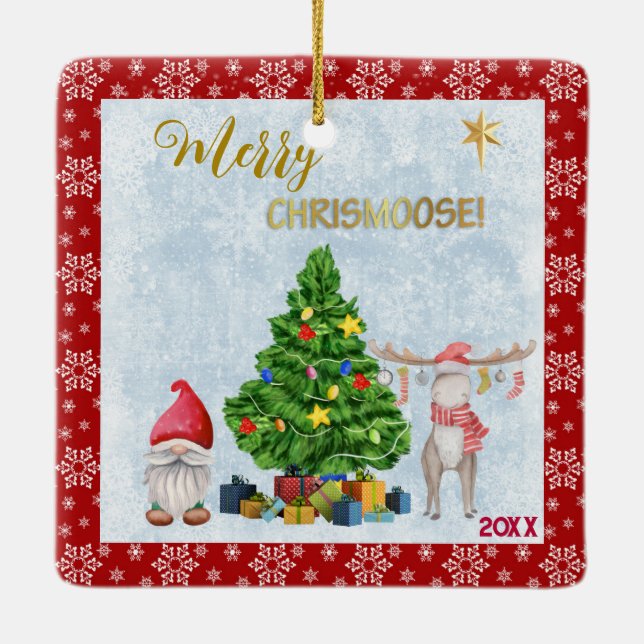 Ornement En Céramique Photo Enfant - Gnome Père Noël, Tree and Moose (Dos)