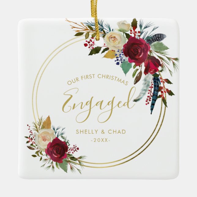 Ornement En Céramique Photo Géométrique Or Notre premier Noël Engagé (Devant)