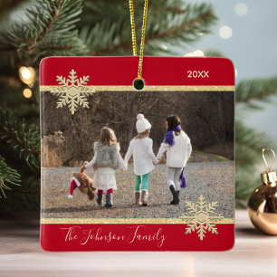 Ornement En Céramique PHOTO Gold Red Snow Keepsaké Noël