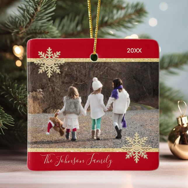 Ornement En Céramique PHOTO Gold Red Snow Keepsaké Noël (PHOTO Gold Red Snow Keepsake Christmas Holiday Ceramic Ornament)