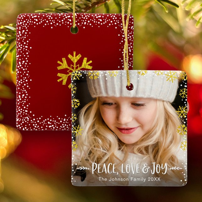 Ornement En Céramique Photo Gold Snowflakes Peace Love and Joy Keepsaké (Créateur téléchargé)