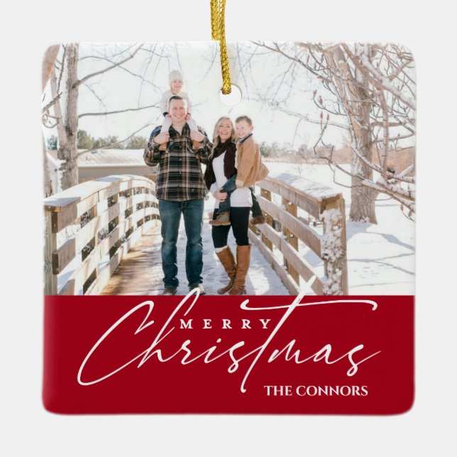 Ornement En Céramique Photo Joyeux Noël Script Calligraphie Famille (Devant)