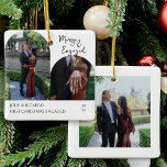 Ornement En Céramique Photo manuscrite de Joyeux et d'arc engagé<br><div class="desc">Joyeux et Engagé ornement de noël avec des photos en forme d'arc sur le devant et une photo carré sur le dos. Merry & Engaged est écrit en typographie manuscrite et vous pouvez personnaliser davantage avec vos noms, texte personnalisé tel que First / Dernier Christmas Engaged ou votre nom de...</div>
