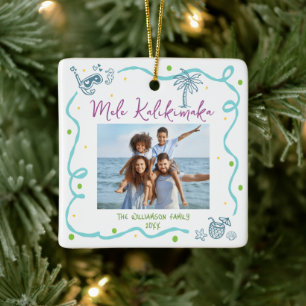 Ornement En Céramique Photo Mele Kalikimaka Bleu Violet Doodle Noël